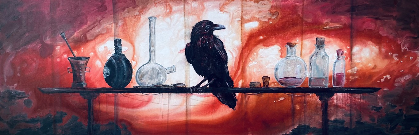 Alchemical - Original Canvas Painting - Raven Perched Among Alchemy Beakers & Flasks