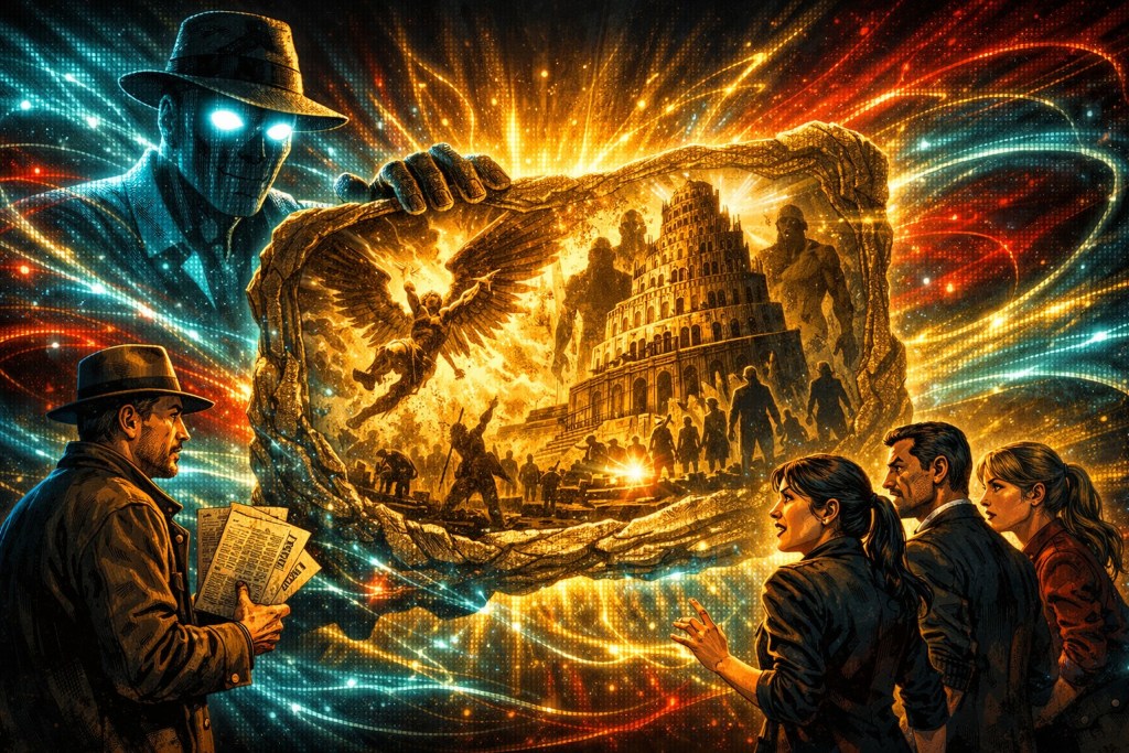 A dramatic digital artwork depicting a mysterious figure with glowing eyes holding a textured stone tablet, showcasing a historical scene with dramatic characters and a towering structure in the background. Four characters in the foreground appear engaged in conversation, with a mix of curiosity and intensity.