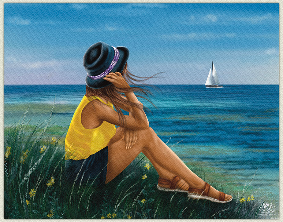 Woman in yellow top holds hat against ocean wind, seated in coastal wildflowers watching a sailboat. Painterly realism digital painting. Shadowmyst Art, Sharon O'Shea Wood. Procreate, iPad Pro.