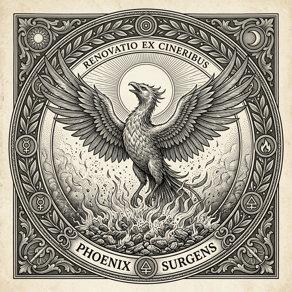 Rising phoenix bird emerging from fire symbolizing resurrection and rebirth in fantasy art