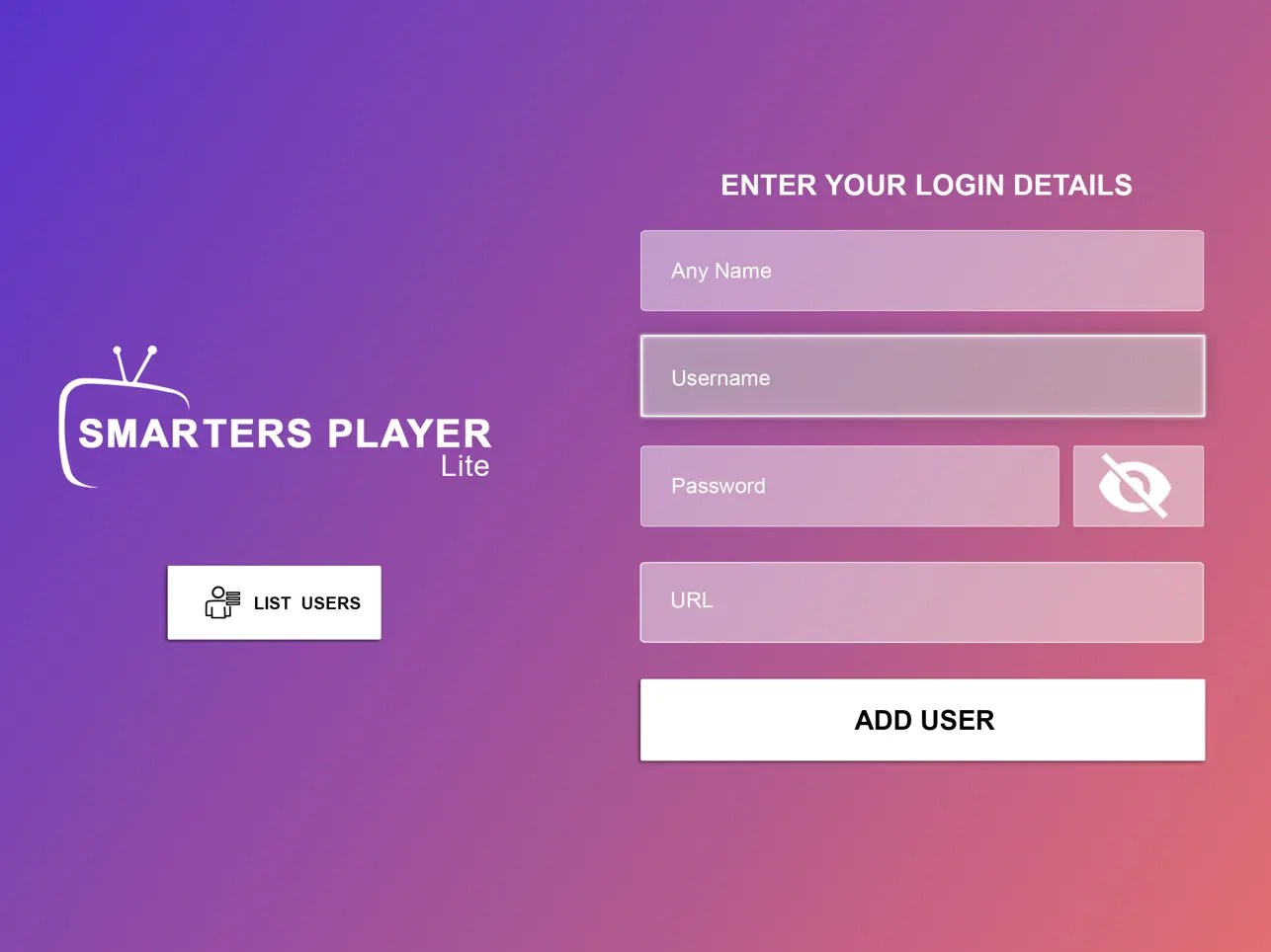Smarters Player Lite login screen with name, username, password and URL fields