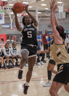 Girl shooting a basketball.