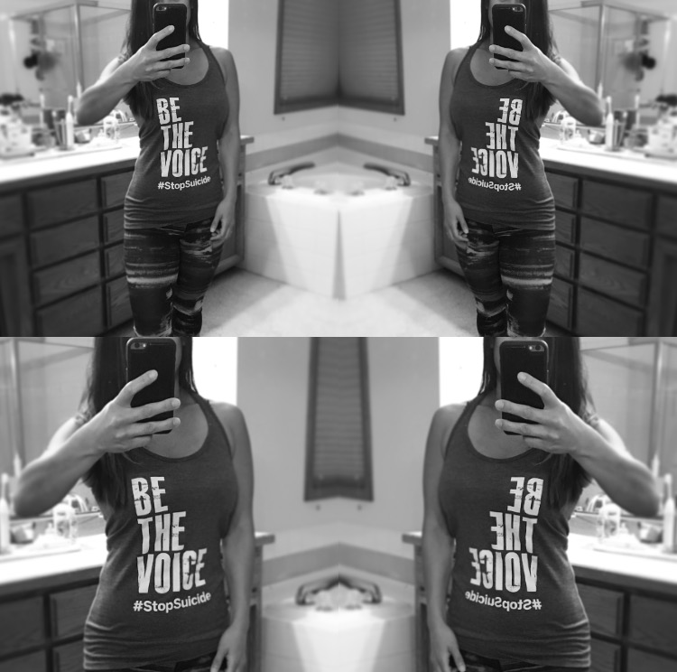 Selfie of young woman wearing a tank top the reads be the voice Shameless Voices