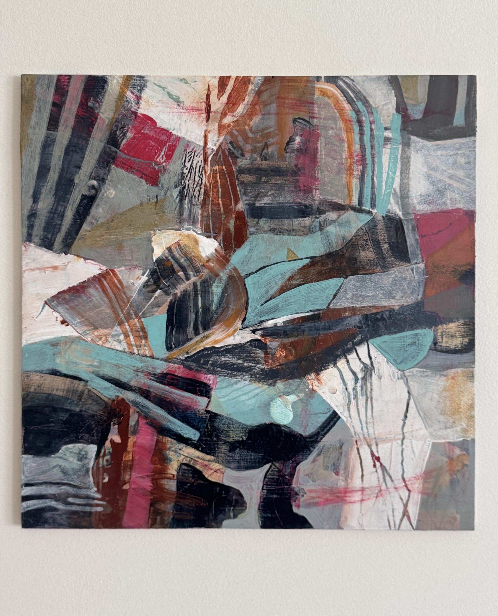 Intertidal Basalt © 2026 by Shanna Compton. All rights reserved. An abstract paining in dark blue-gray, off white, earthtones, reds, and aqua blue.