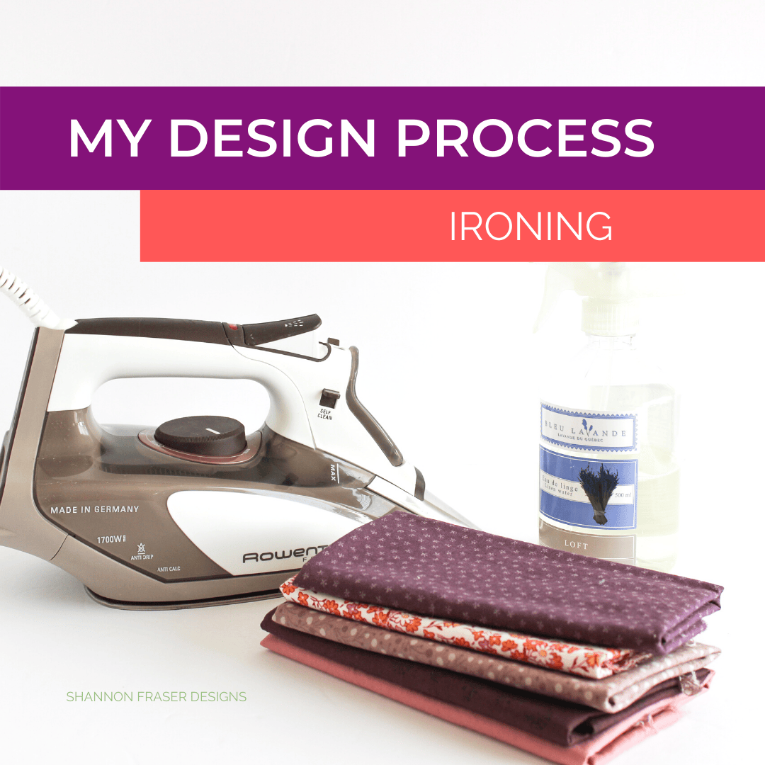 Rowenta iron with a stack of fat quarters and some Bleu Lavande linen spray