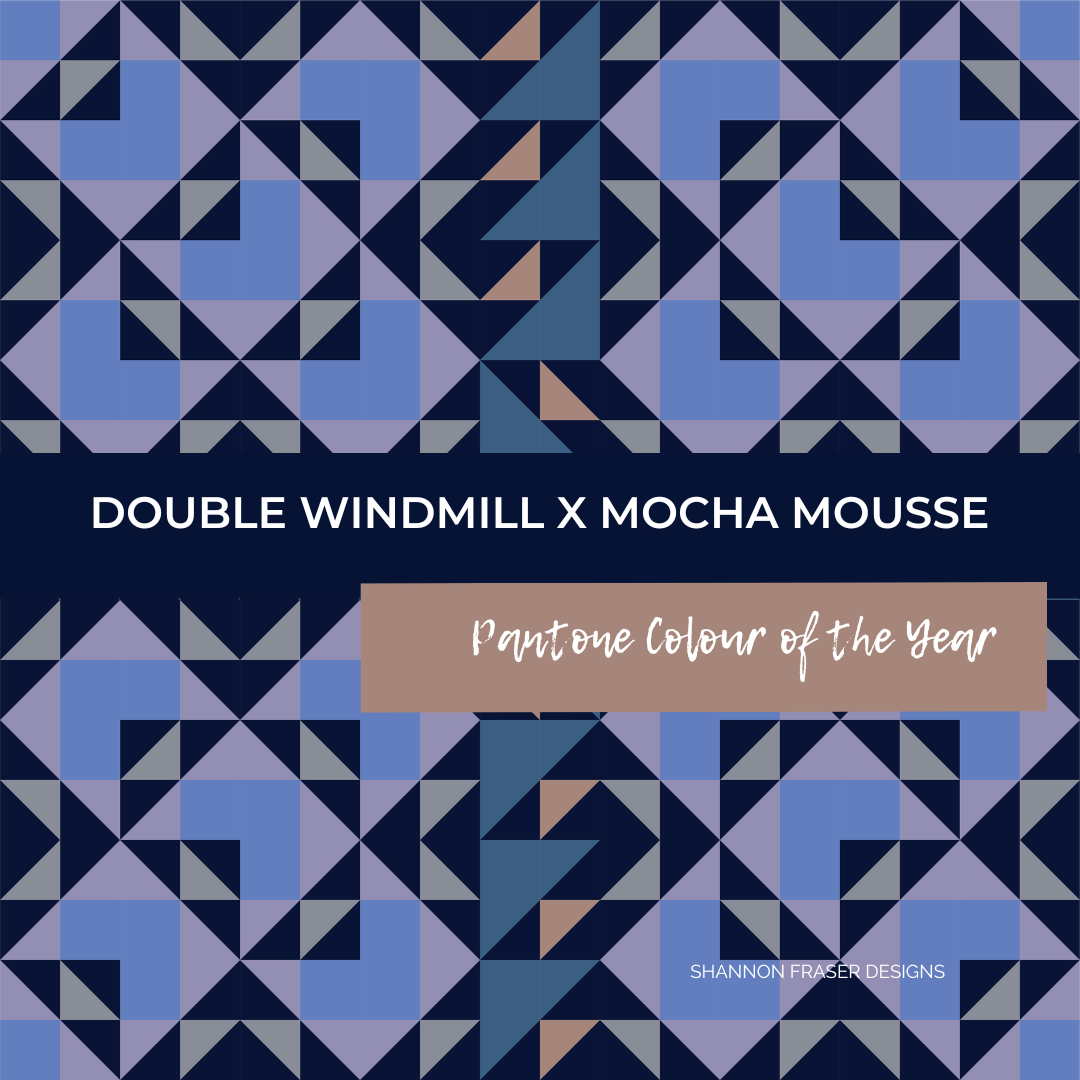 It's all about color play with the Double Windmill Quilt inspired by the Pantone Color of the Year 2025 Mocha Mousse This warm rich brown color is the perfect jumping off point to bring in some cozy vibes to your quilts. #modernquiltpattern #quiltmockup #doublewindmillquilt #halfsquaretriangles #quilt #pantone #pantonecoloroftheyear