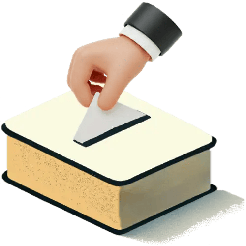 A minimalist 3D rendering of a hand in a suit sleeve placing a white paper ballot into a simple ballot box, symbolizing a clean and fair election process.