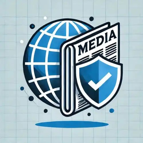 Graphic illustration of a blue globe and a "MEDIA" newspaper protected by a blue security shield with a checkmark, symbolizing trustworthy news.