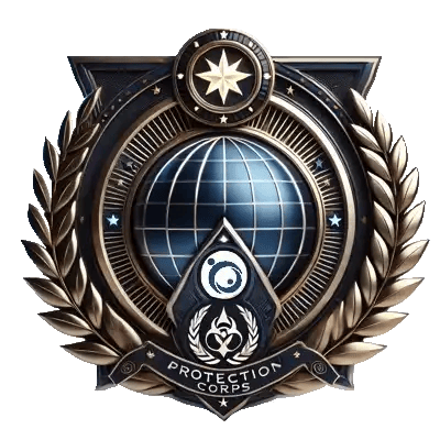 A formal military-style emblem for the World Protection Corps featuring a dark blue globe, golden laurel branches, a North Star, and a central shield icon.