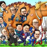 Political cartoon showing exaggerated world leaders pulling a large horse symbolizing global power struggles.