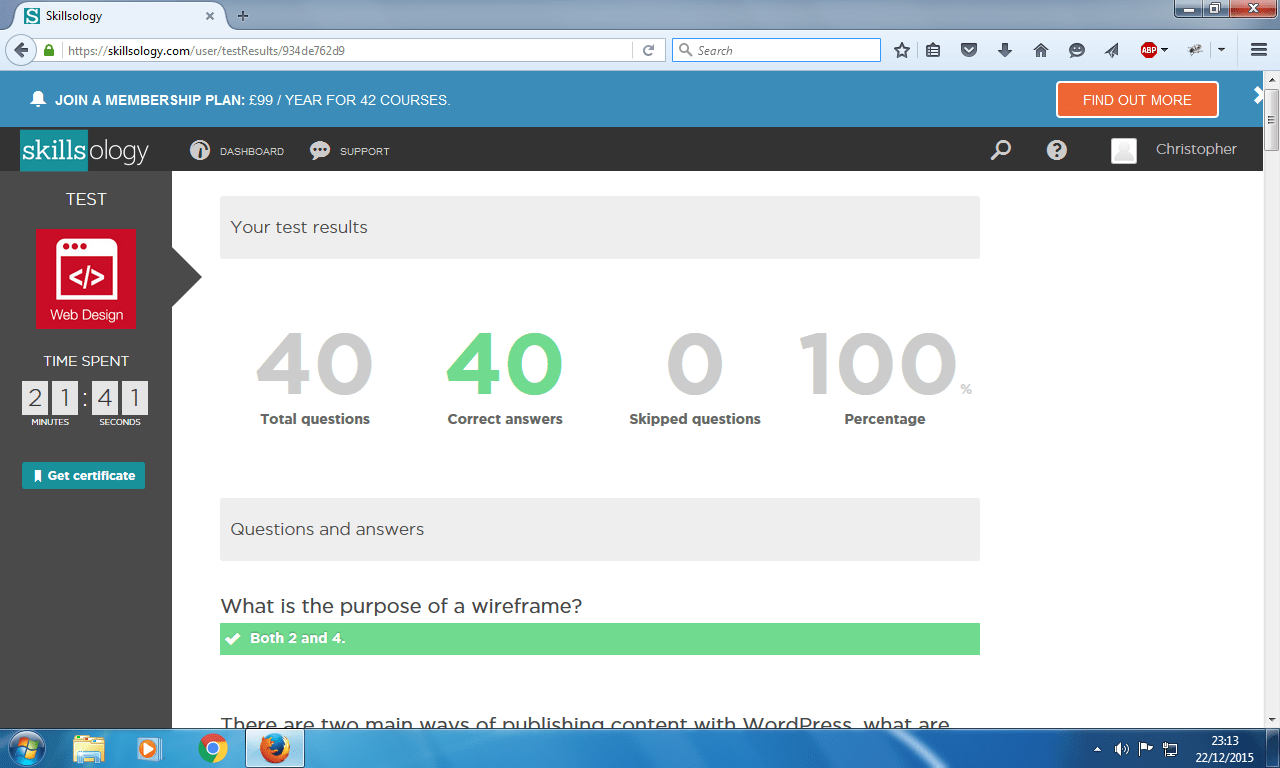 Image of Chris Larham's Web Design exam result (100%, 2015).