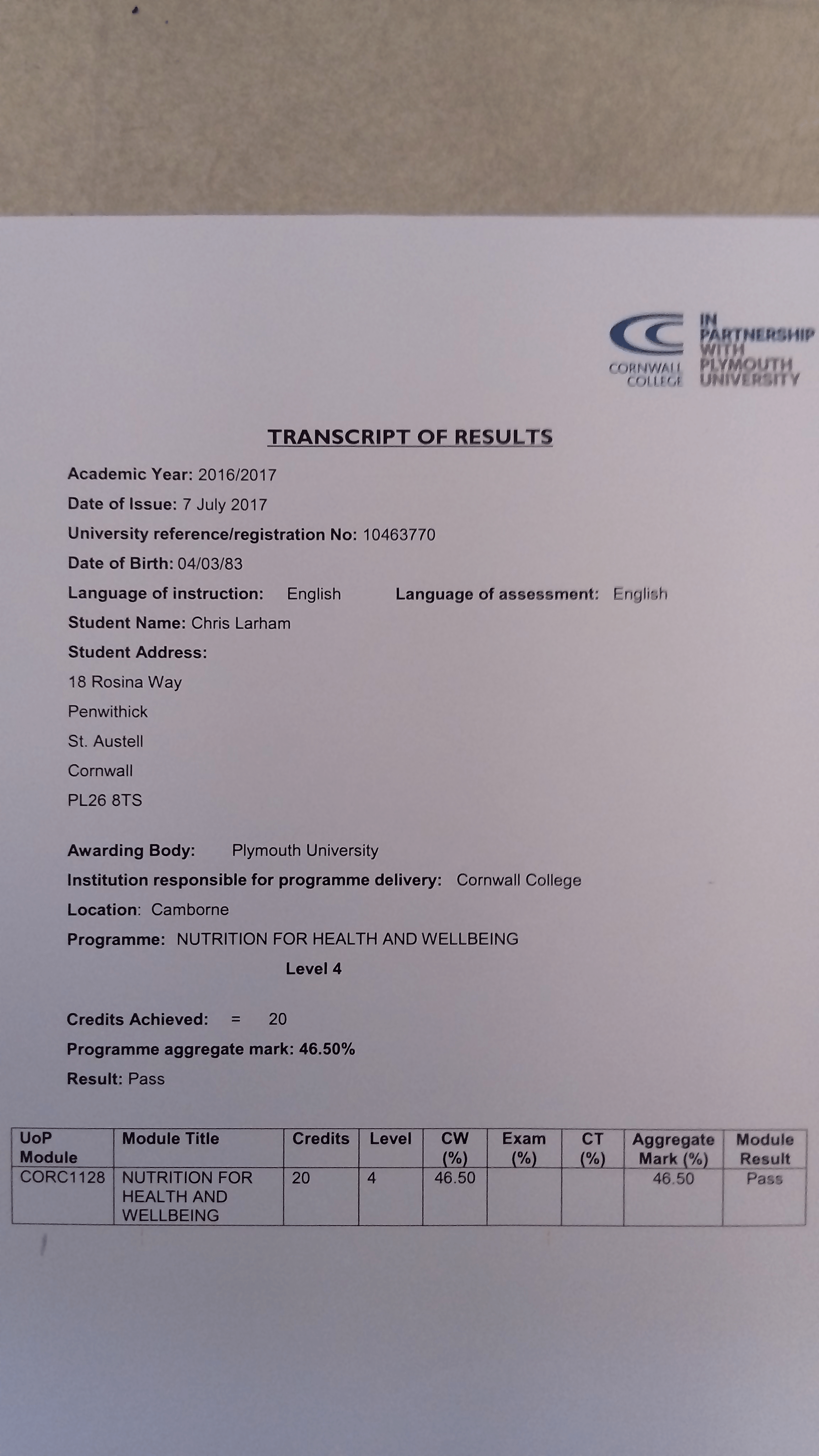 Nutrition for Health and Wellbeing: Transcript of Results [46.5%, 2017]