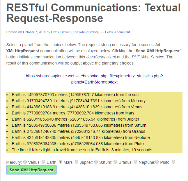 Statistics relating to planet Earth displayed in a bullet-pointed list, as a result of a successful communication with a RESTful Web Service.