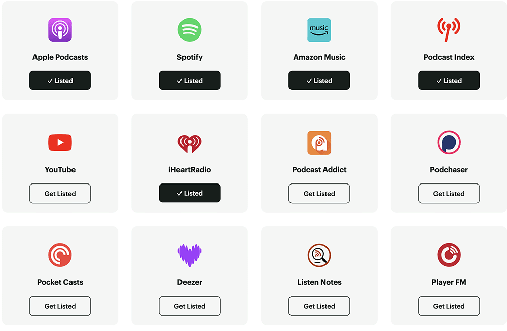 Podcast destinations such as Apple Podcasts, Spotify, Amazon Music, Podcast Index, YouTube, iHeartRadio, and more.