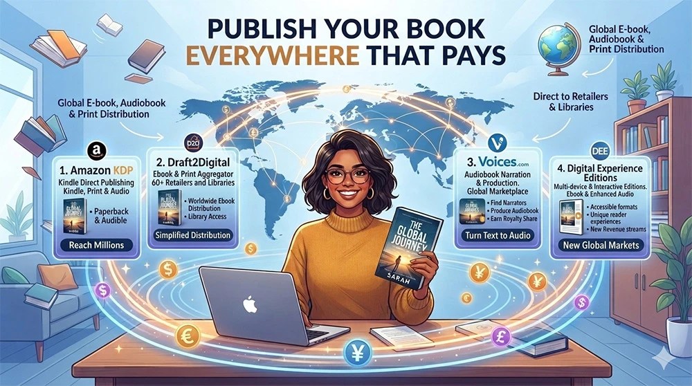 Woman with book and places to publish everywhere that pays.