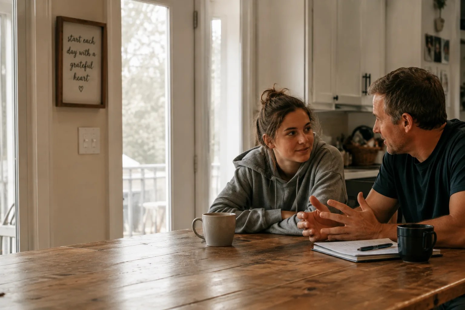 A parent and teenager talking at a kitchen table