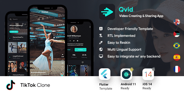 TikTok App | Video Creating Android App Template + Short Video iOS App Template| Flutter 2 | Qvid TikTok App | Video Creating Android App Template + Short Video iOS App Template| Flutter 2 | Qvid