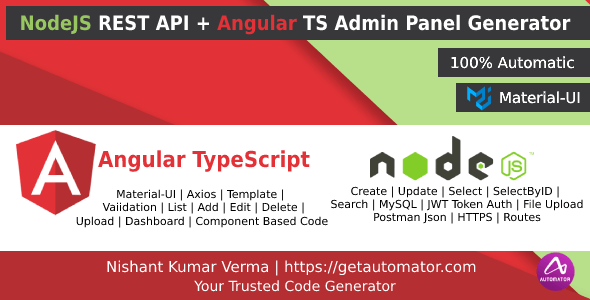 Angular App Generator with NodeJS REST API Generator from MySQL + JWT Auth + Postman + File Upload Angular App Generator with NodeJS REST API Generator from MySQL + JWT Auth + Postman + File Upload