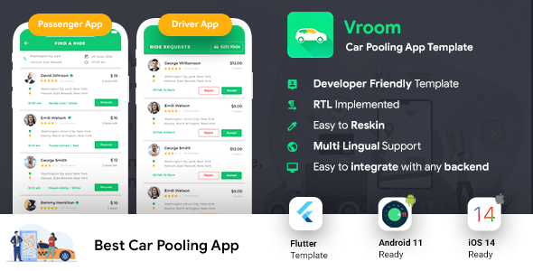 Car Pooling Android App template + iOS App Template | 2 Apps Rider + Driver | Flutter 2| Vroom Car Pooling Android App template + iOS App Template | 2 Apps Rider + Driver | Flutter 2| Vroom