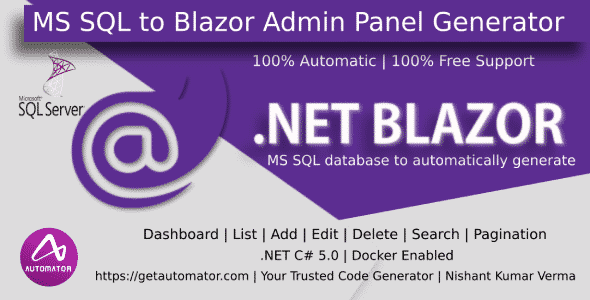MS SQL to C# Blazor Entity Framework Admin Panel Generator .Net C# | Blazore Bootstrap Razor MS SQL to C# Blazor Entity Framework Admin Panel Generator .Net C# | Blazore Bootstrap Razor