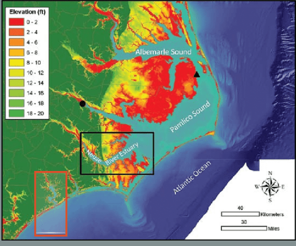 Elevation and coastal structure along the North Carolina shore. What appears from the beach as a single edge is, in fact, a layered interface—river basins, marsh plains, barrier islands, and shelf waters braided together. The geometry of this coast is written in gradients, not lines. | Image credit: J. P. Walsh
