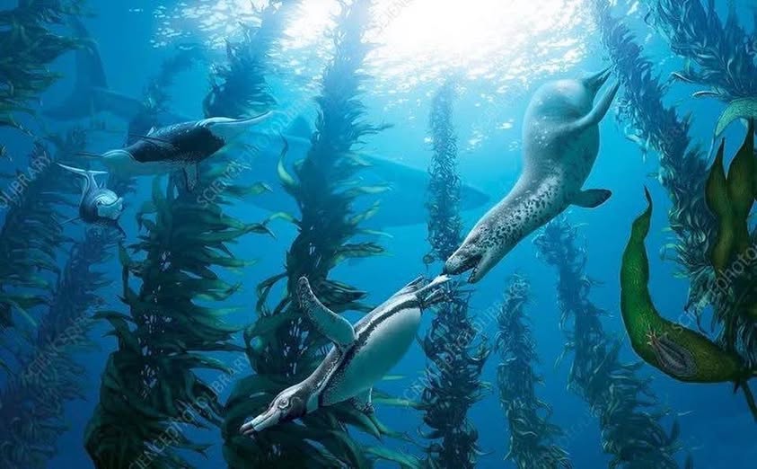 Reconstruction of a Miocene marine ecosystem (~6 million years ago) featuring dolphins (Eurhinodelphis), a penguin (Spheniscus), the long-necked seal Acrophoca, and the giant shark Otodus megalodon. During the Miocene, the diversification of marine mammals supported some of the largest predators in ocean history. Artwork by Julius Csotonyi