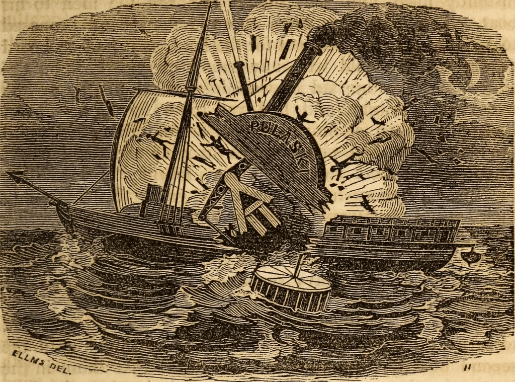 The Pulaski is depicted during its boiler explosion | Image credit: C. Elms