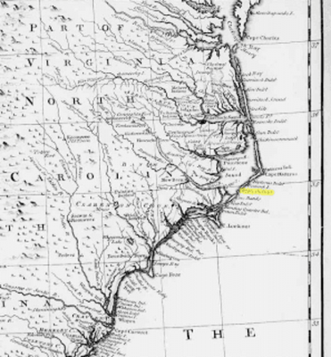 An early French map depicting the coastal regions of the Carolinas and Georgia before the American Revolution from an antique map, the  "Carte de la Caroline et Georgie" by Jacques-Nicolas Bellin, published around 1773.