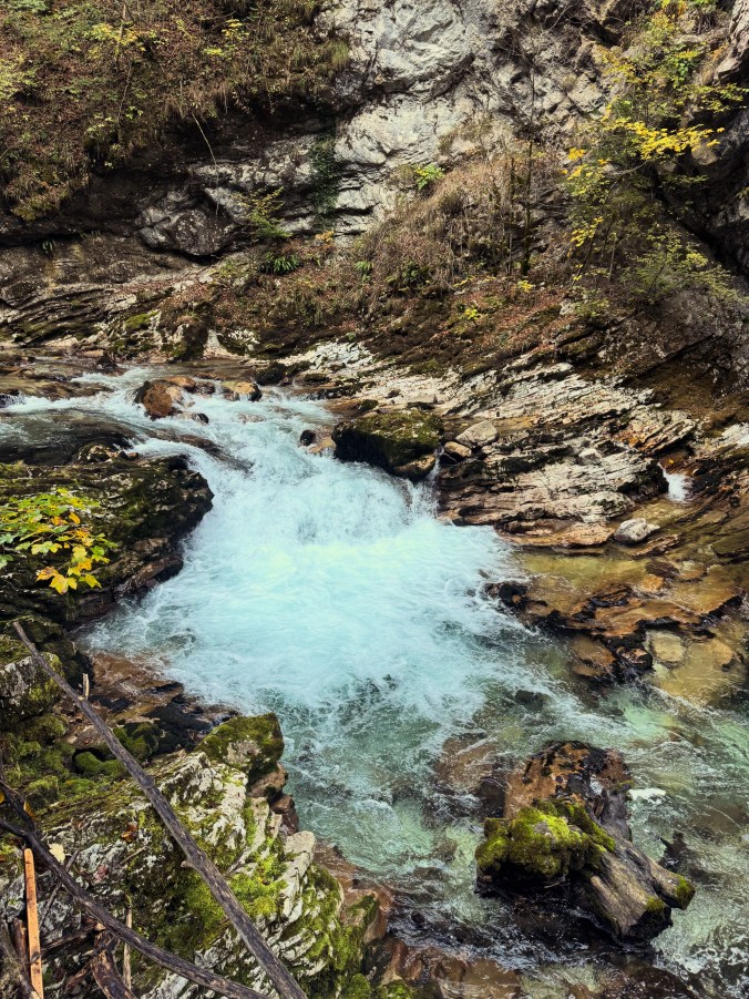 Close-up of pale turquoise water churning white over moss-covered rocks and layered stone, with yellow leaves at the edge of the frame.