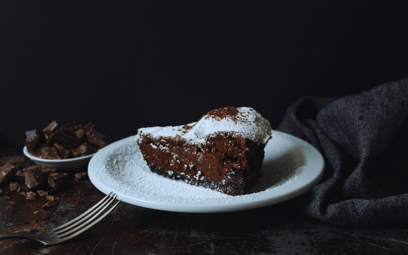 piece of chocolate cake on a white plate