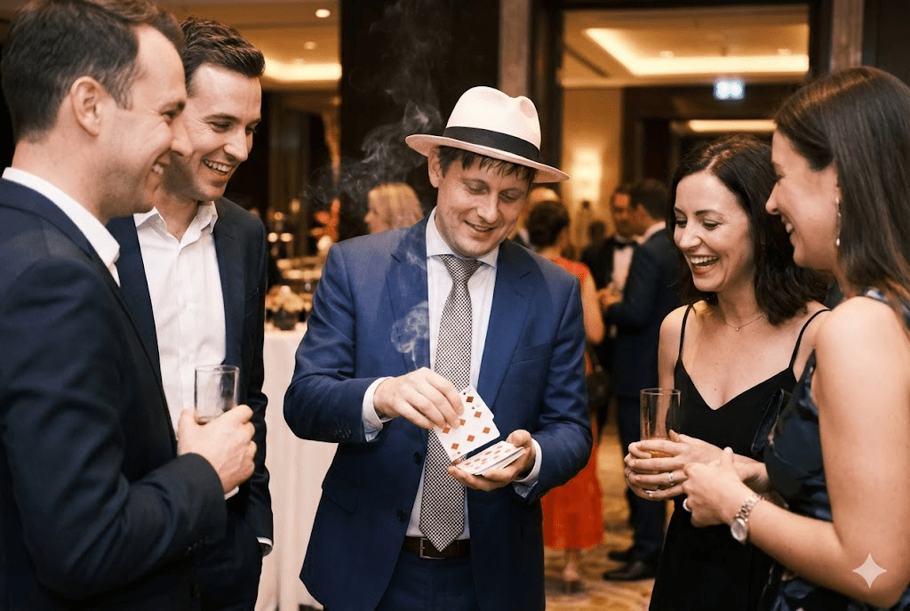 Close-up sleight of hand magic at exclusive private party