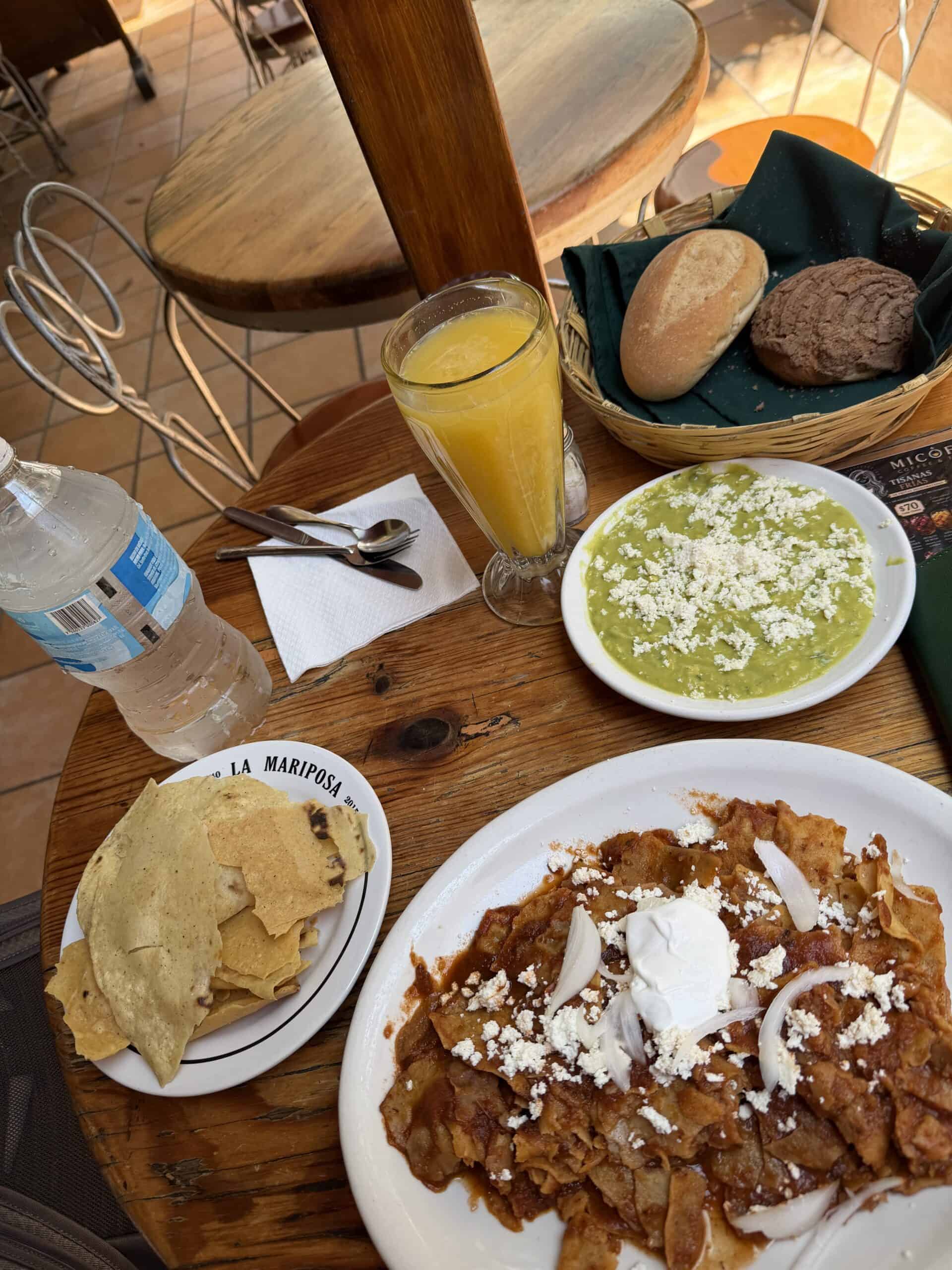 chilaquiles and guacamole at cafe Alex in Oaxaca mexico
