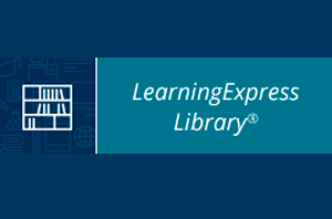 LearningExpress Library logo displayed on a dark blue background. A teal rectangular panel in the center contains the white text “LearningExpress Library®.” A stylized bookshelf icon appears along the left edge of the image