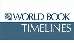 World Book Timelines logo featuring the World Book globe icon and the words “WORLD BOOK” in dark blue uppercase letters on a white background. Below, a blue-gray banner displays the word “TIMELINES” in large white uppercase letters.