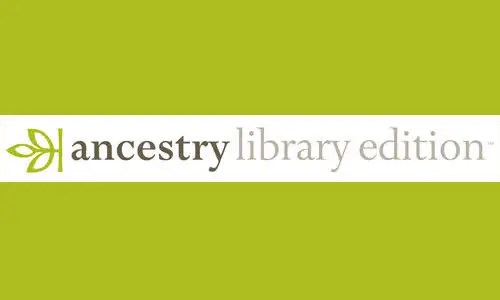 Ancestry Library Edition logo displayed on a light green background. A white horizontal band across the center contains the text “ancestry library edition,” with a green leaf-shaped logo to the left of the word “ancestry.”