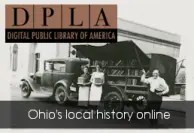 Historic black-and-white photograph showing several people standing outside a building with bookshelves and a vintage automobile parked nearby. A banner in the upper-left corner displays the DPLA (Digital Public Library of America) logo, and text along the bottom reads, “Ohio’s local history online.”
