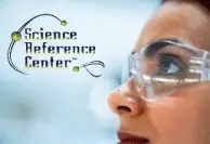 Promotional image for Science Reference Center. On the right, a close-up side view of a person wearing clear safety goggles is shown against a soft blue background. On the left, the text “Science Reference Center” appears alongside small science-themed graphic elements resembling atomic orbitals.