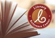 Logo for Literary Reference Center featuring the pages of an open book in the background and a circular red-and-gold emblem in the foreground. The emblem contains a stylized lowercase letter “l” and the text “Literary Reference Center” around the edge. The image uses warm red, gold, and cream tones against the soft, out-of-focus book pages.