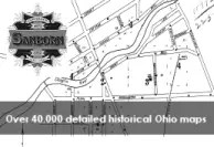 Black-and-white image of a detailed historical map showing streets, building footprints, and property layouts. The Sanborn Maps logo appears in the upper-left corner, and a banner along the bottom reads, “Over 40,000 detailed historical Ohio maps.”