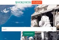 Promotional graphic for World Book Student. The image features a split-screen design with a view of Earth and blue ocean from space on the left and an astronaut working outside a spacecraft on the right. At the top, the World Book Student logo appears above a large search bar. A green button labeled “ADVANCED SEARCH” is displayed below the search field. The graphic promotes an online encyclopedia and research resource for students.