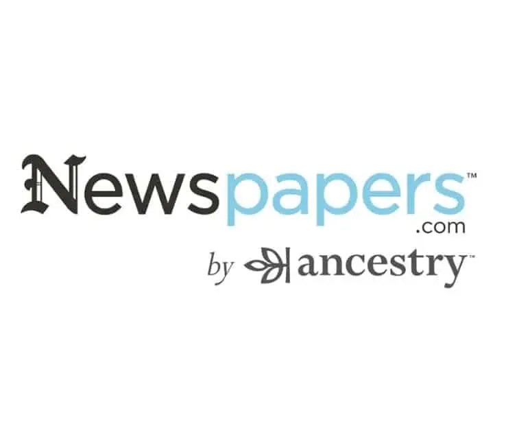 Newspapers.com logo displayed on a light gray background. The word “Newspapers” appears in large text, with “News” in black and “papers” in light blue, followed by “.com” in smaller black text. Below, the text “by Ancestry” appears in black with the Ancestry leaf logo.