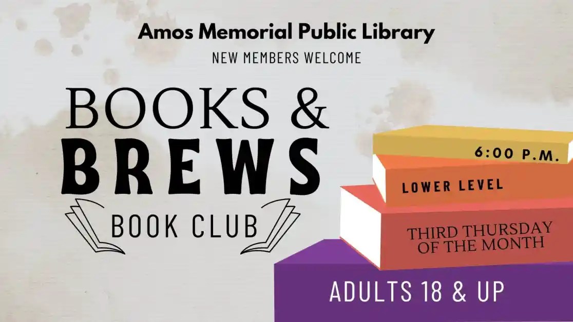 Books and Brews promotional graphic for Adults 18 & up.