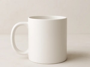White ceramic mug facing opposite direction, showing handle on the left side for custom print previews.