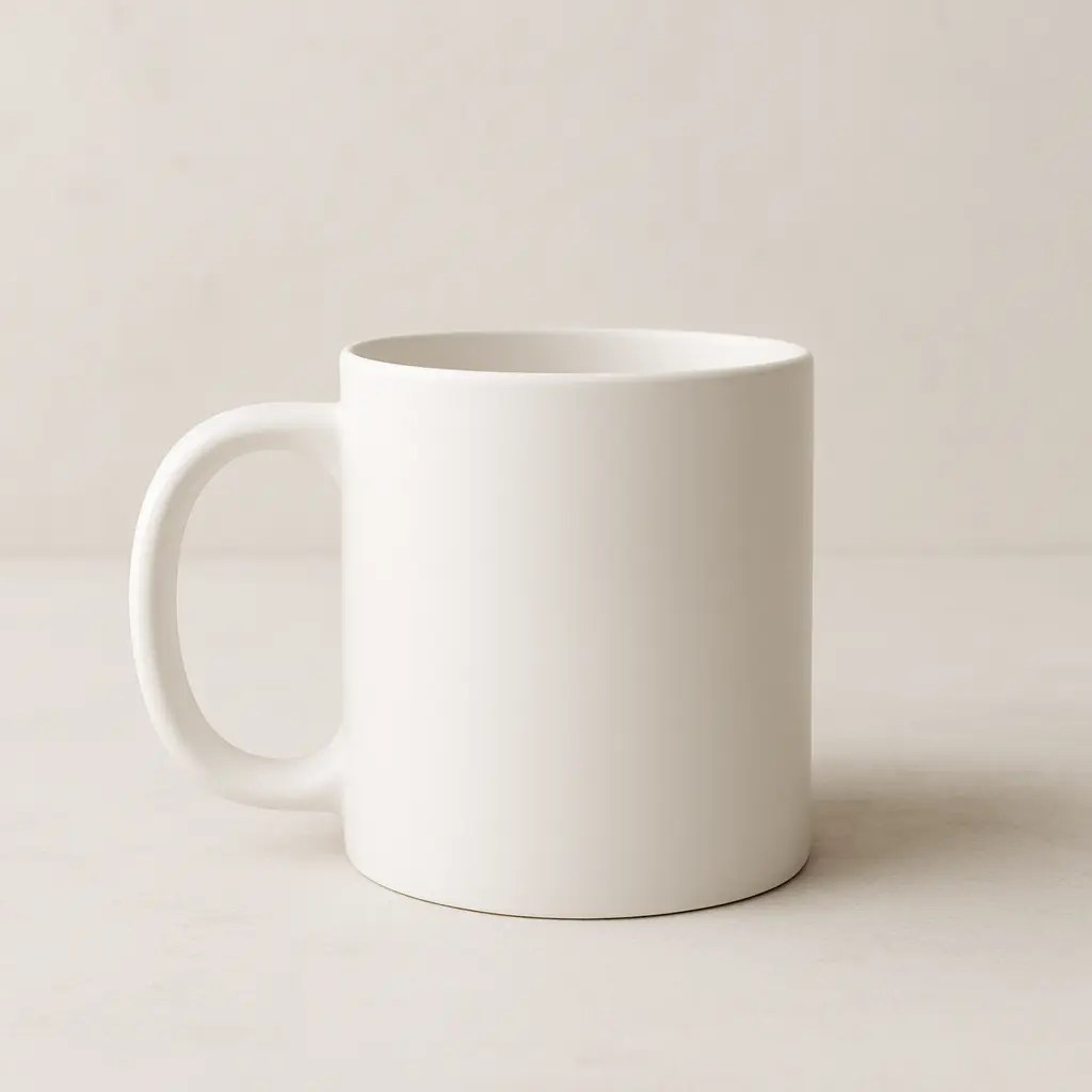 White ceramic mug facing opposite direction, showing handle on the left side for custom print previews.