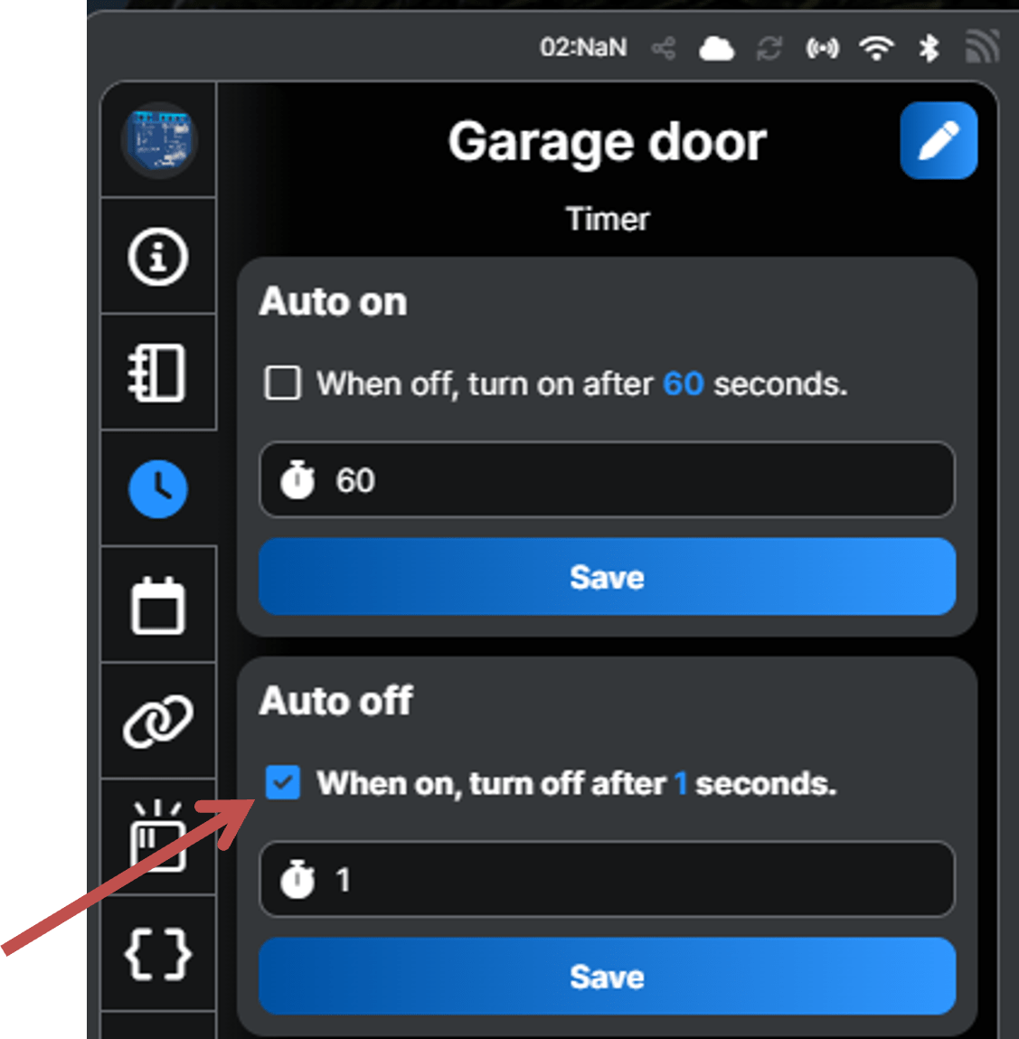 Shelly Smart Control app showing the Auto-Off Timer enabled and set to 1 second.