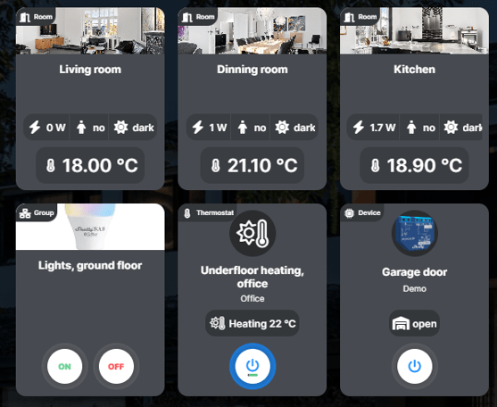 Shelly Smart Control dashboard showing the garage door tile with current open/closed status.