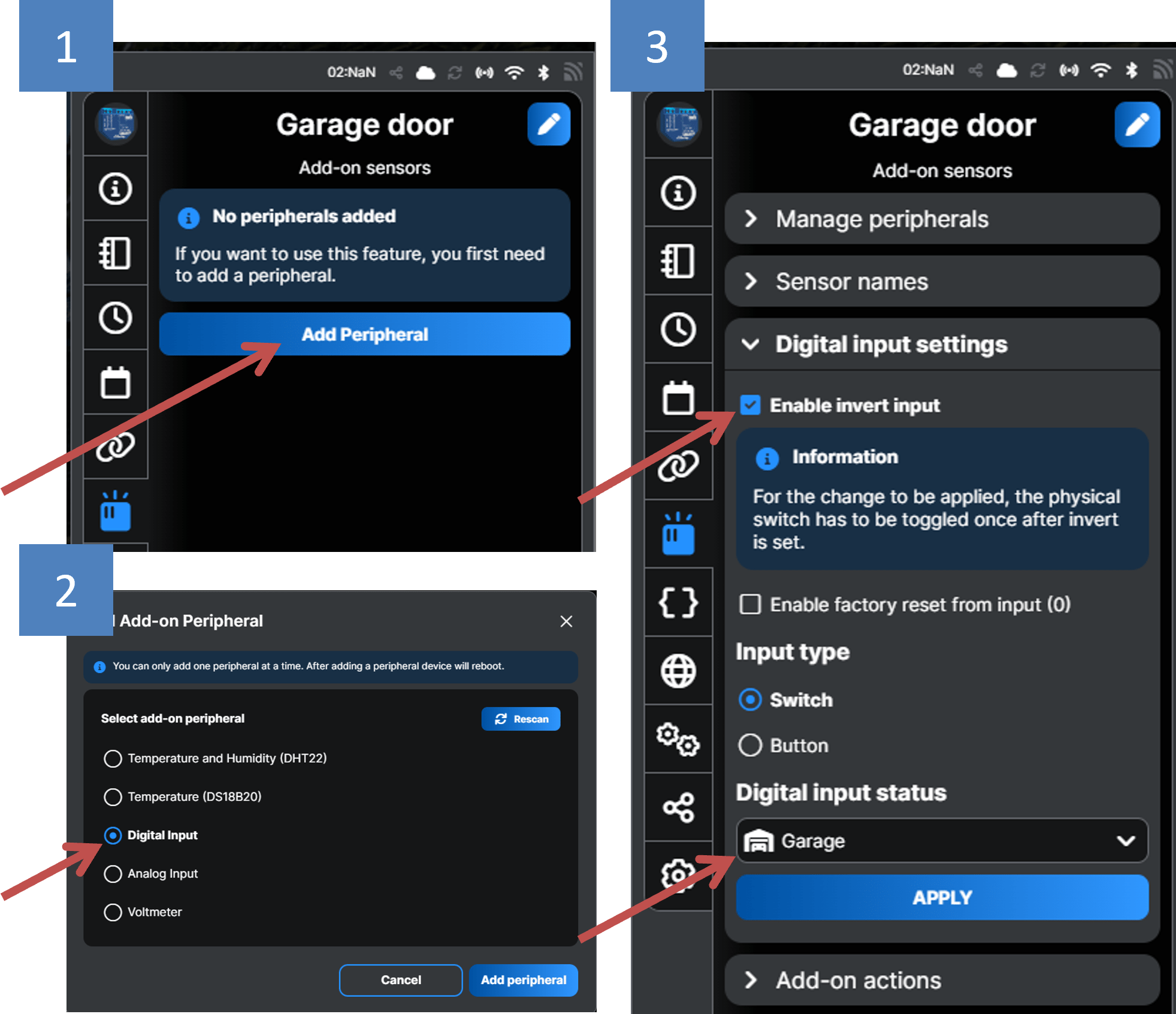 Peripheral settings screen with Invert input enabled and Digital input type set to Garage.