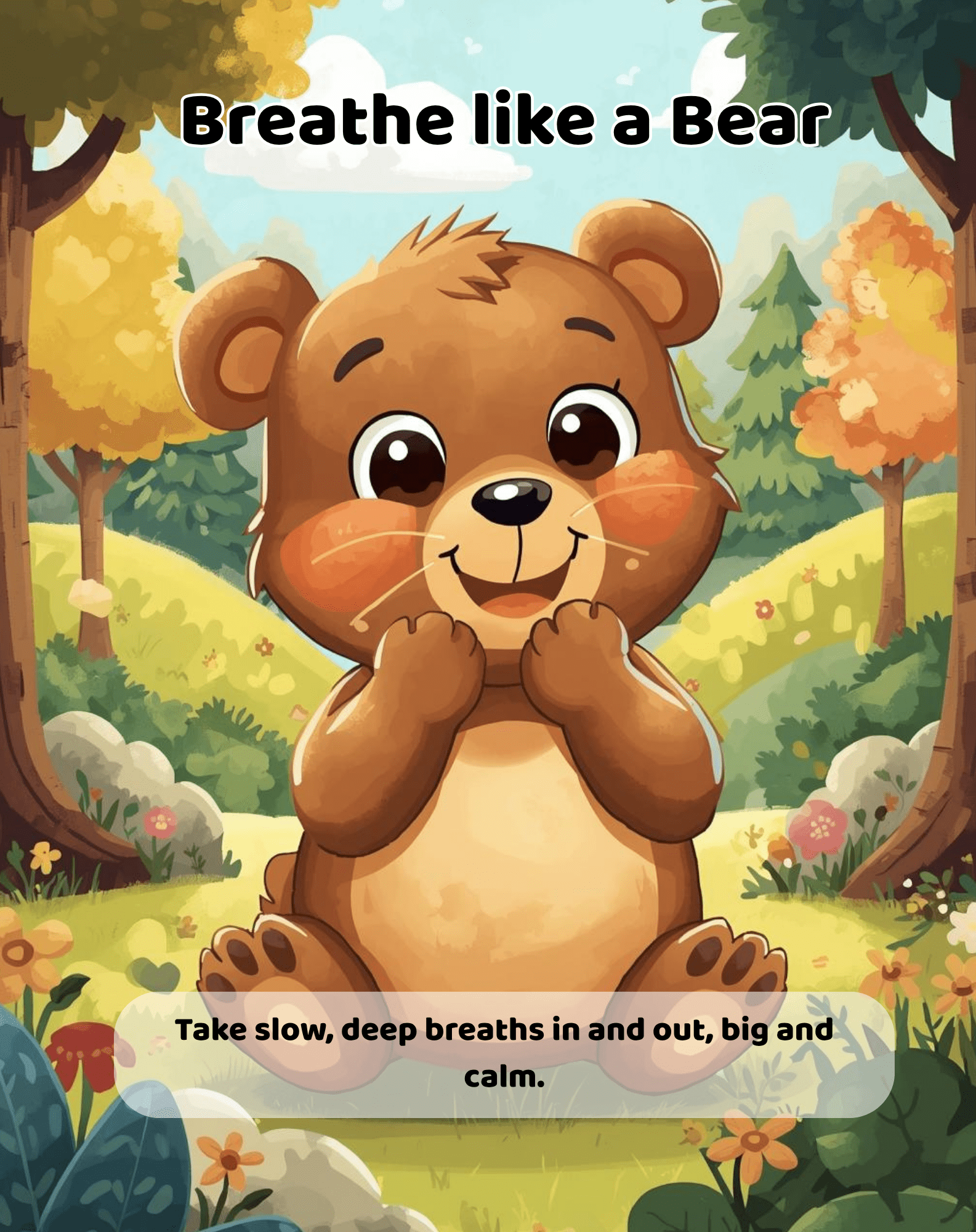 Illustration of [a bear breathing to model a calming or regulating movement activity for children.