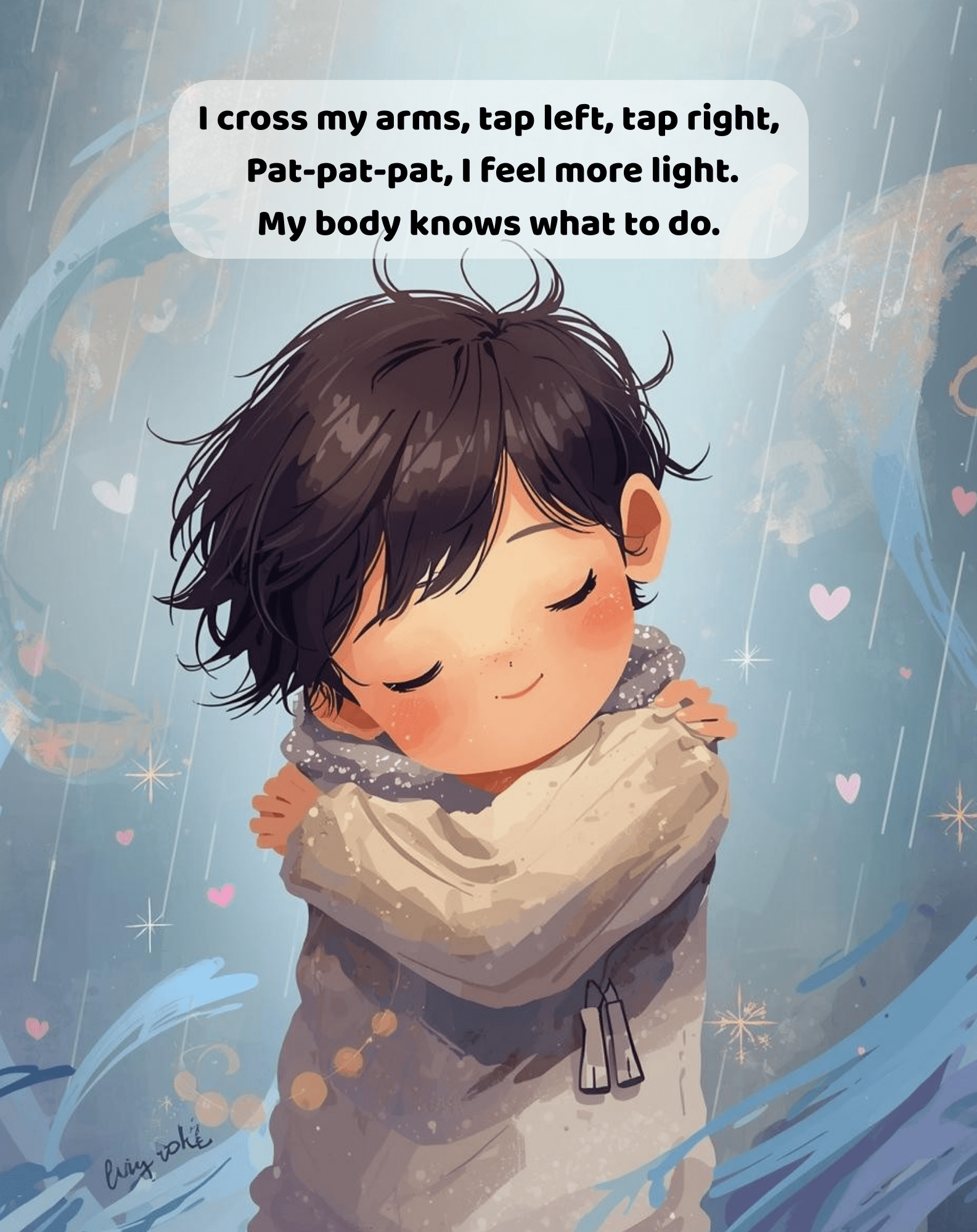 Illustration of a calm child practicing self-soothing by crossing their arms and tapping, showing emotional regulation skills.