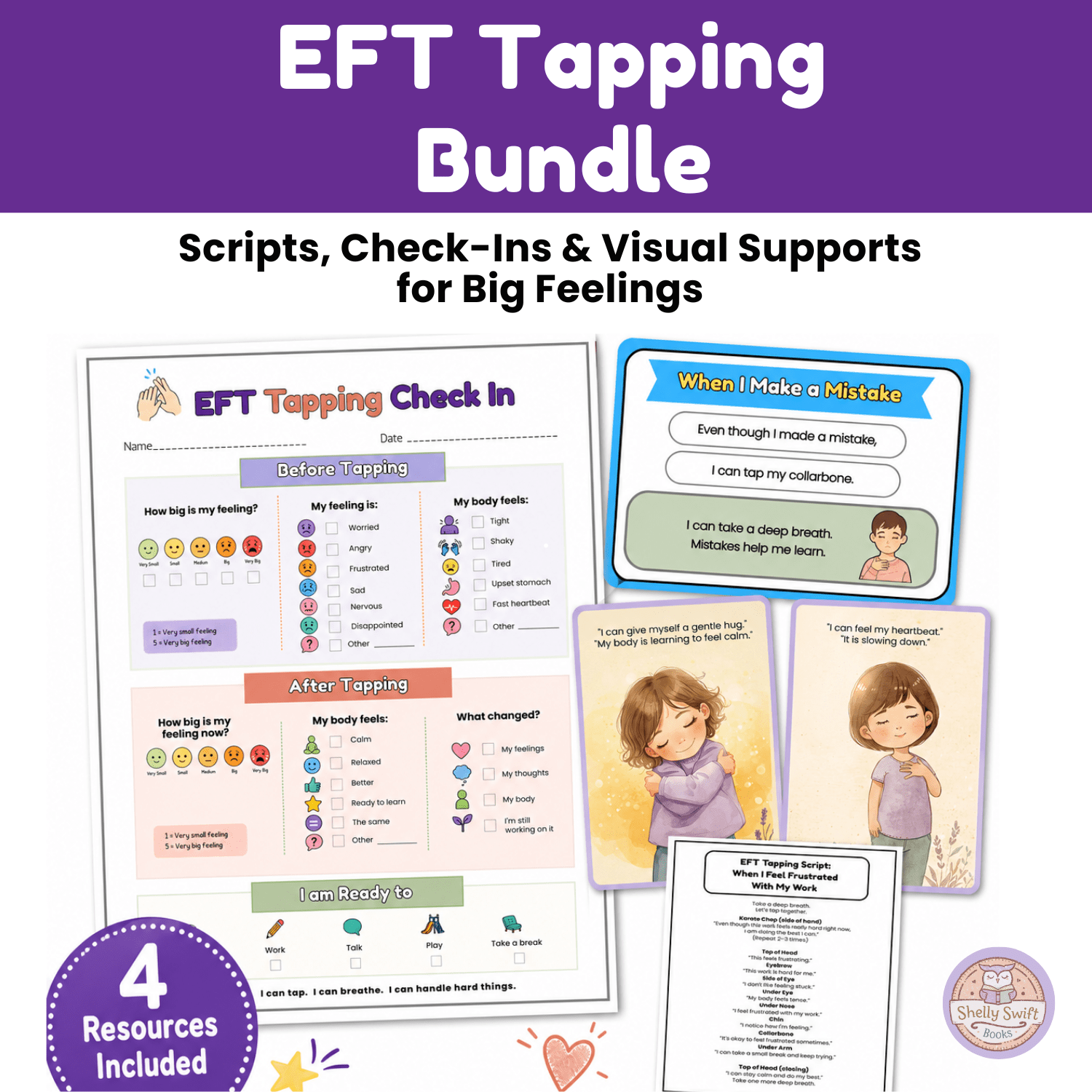EFT Tapping Bundle with kid-friendly tapping scripts, emotional check-ins, visual supports, and coping cards for big feelings and emotional regulation.